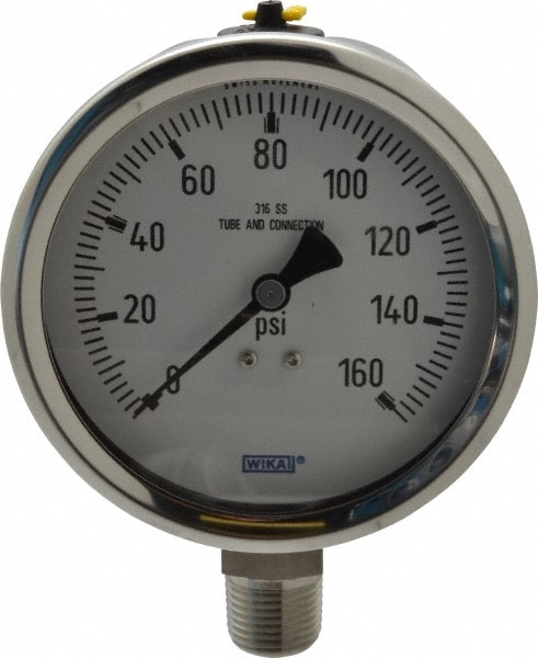 Wika 9768556 Pressure Gauge: 4" Dial, 0 to 160 psi, 1/2" Thread, NPT, Lower Mount Image