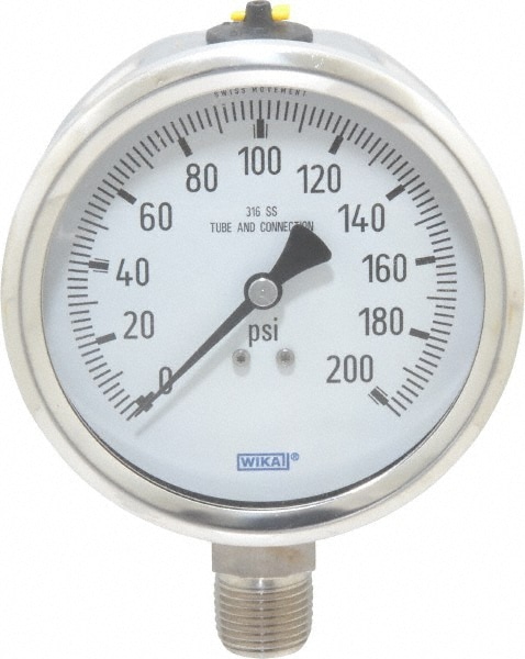 Wika 9768564 Pressure Gauge: 4" Dial, 0 to 200 psi, 1/2" Thread, NPT, Lower Mount Image