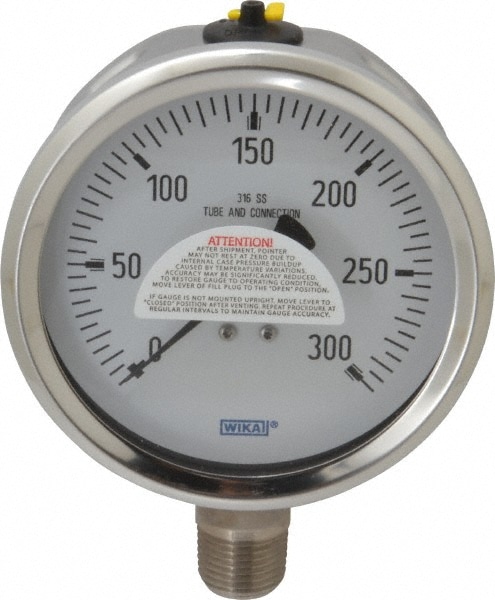 Wika 9768572 Pressure Gauge: 4" Dial, 0 to 300 psi, 1/2" Thread, NPT, Lower Mount Image