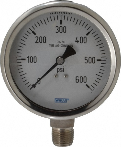 Wika 9768963 Pressure Gauge: 4" Dial, 0 to 600 psi, 1/2" Thread, NPT, Lower Mount Image