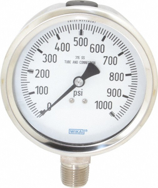 Wika 9768858 Pressure Gauge: 4" Dial, 0 to 1,000 psi, 1/2" Thread, NPT, Lower Mount Image