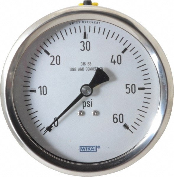 Wika 9737146 Pressure Gauge: 4" Dial, 60 psi, 1/2" Thread, Lower Back Mount Image