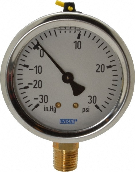 Wika 9767010 Pressure Gauge: 2-1/2" Dial, 0 to 30 psi, 1/4" Thread, NPT, Lower Mount Image