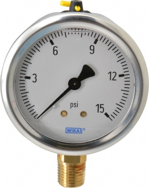 Wika 9767037 Pressure Gauge: 2-1/2" Dial, 0 to 15 psi, 1/4" Thread, NPT, Lower Mount Image