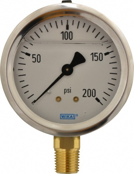 Wika 9767088 Pressure Gauge: 2-1/2" Dial, 0 to 200 psi, 1/4" Thread, NPT, Lower Mount Image