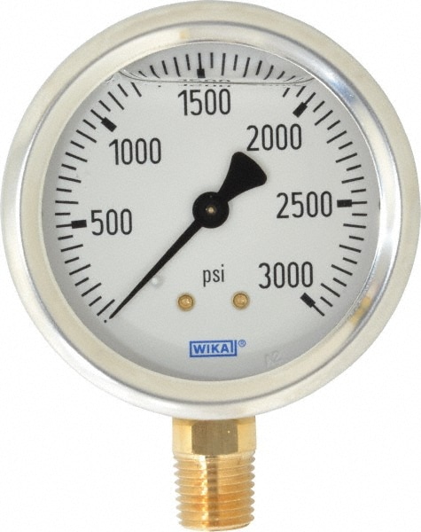 Wika 9767150 Pressure Gauge: 2-1/2" Dial, 0 to 3,000 psi, 1/4" Thread, NPT, Lower Mount Image