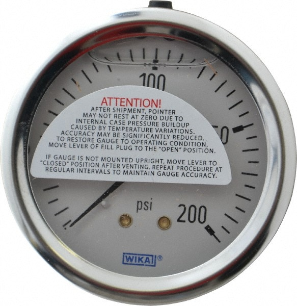 Wika 9767231 Pressure Gauge: 2-1/2" Dial, 0 to 200 psi, 1/4" Thread, NPT, Center Back Mount Image