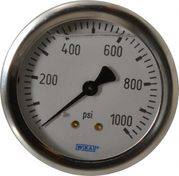 Wika 9767258 Pressure Gauge: 2-1/2" Dial, 0 to 1,000 psi, 1/4" Thread, NPT, Center Back Mount Image