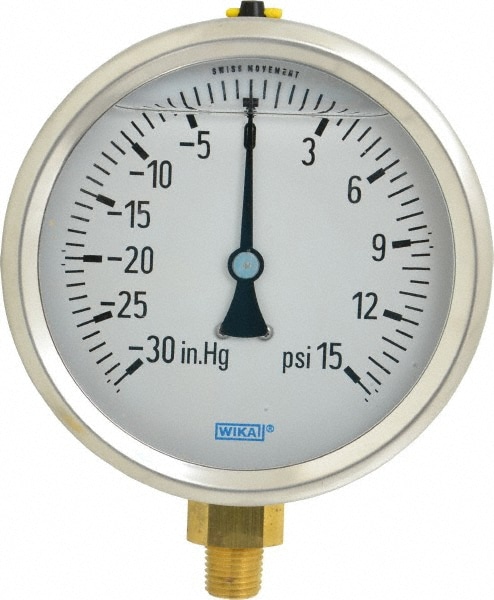 Wika 9699036 Pressure Gauge: 4" Dial, 0 to 15 psi, 1/4" Thread, NPT, Lower Mount Image