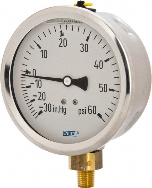 Wika 9699053 Pressure Gauge: 4" Dial, 0 to 60 psi, 1/4" Thread, NPT, Lower Mount Image