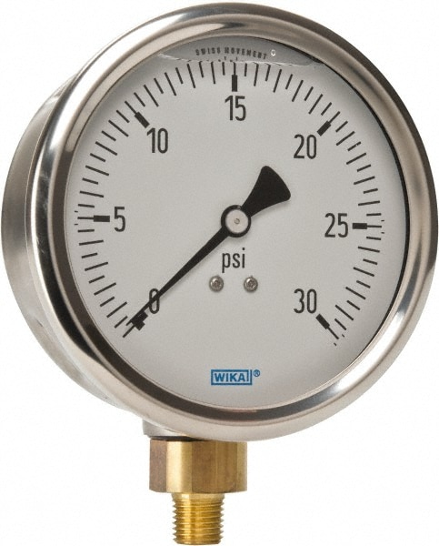 Wika 9699109 Pressure Gauge: 4" Dial, 0 to 30 psi, 1/4" Thread, NPT, Lower Mount Image