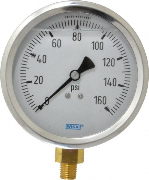 Wika 9699257 Pressure Gauge: 4" Dial, 0 to 160 psi, 1/4" Thread, NPT, Lower Mount Image