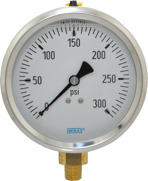 Wika 9699142 Pressure Gauge: 4" Dial, 0 to 300 psi, 1/4" Thread, NPT, Lower Mount Image