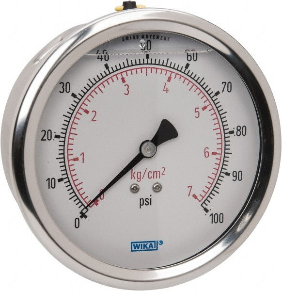 Wika 9694264 Pressure Gauge: 4" Dial, 0 to 100 psi, 1/4" Thread, NPT, Lower Mount Image