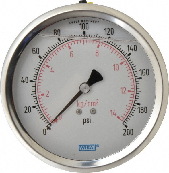 Wika 9694280 Pressure Gauge: 4" Dial, 0 to 200 psi, 1/4" Thread, NPT, Lower Mount Image