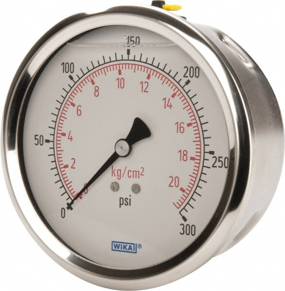 Wika 9694298 Pressure Gauge: 4" Dial, 0 to 300 psi, 1/4" Thread, NPT, Lower Mount Image