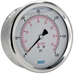 Wika 9694302 Pressure Gauge: 4" Dial, 600 psi, 1/4" Thread, Lower Back Mount Image