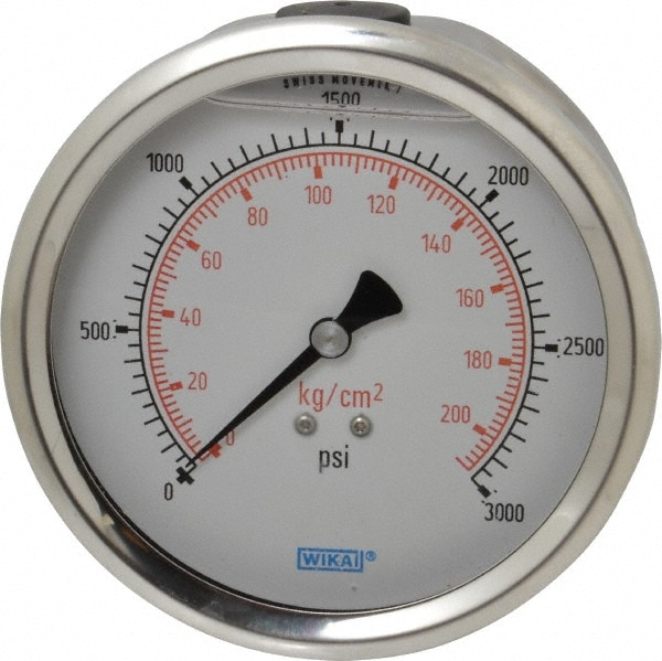 Wika 9694345 Pressure Gauge: 4" Dial, 0 to 3,000 psi, 1/4" Thread, NPT, Lower Mount Image