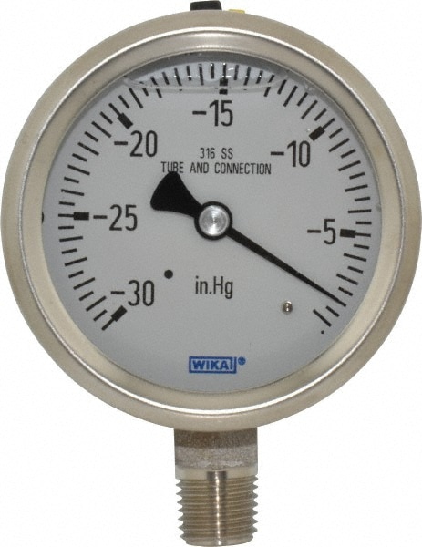 Wika 9833646 Pressure Gauge: 2-1/2" Dial, 0 to 30 psi, 1/4" Thread, NPT, Lower Mount Image