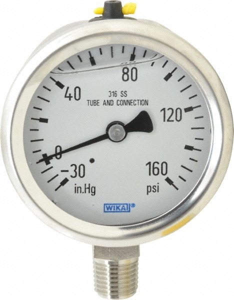 Wika 9833612 Pressure Gauge: 2-1/2" Dial, 0 to 160 psi, 1/4" Thread, NPT, Lower Mount Image