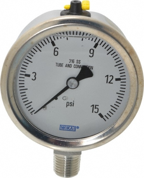 Wika 9833604 Pressure Gauge: 2-1/2" Dial, 0 to 15 psi, 1/4" Thread, NPT, Lower Mount Image