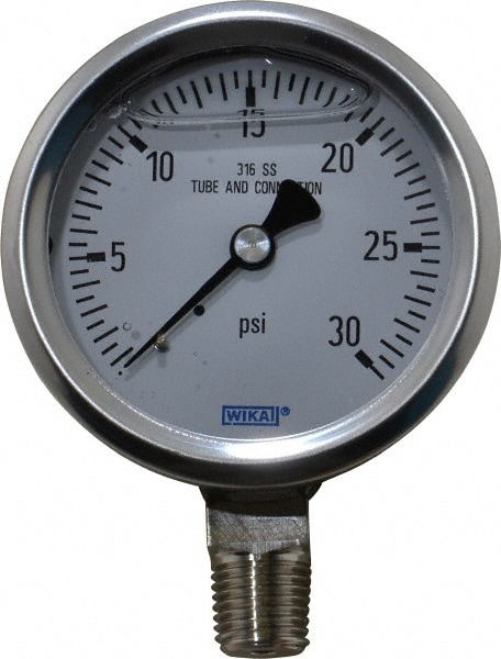 Wika 9833590 Pressure Gauge: 2-1/2" Dial, 0 to 30 psi, 1/4" Thread, NPT, Lower Mount Image