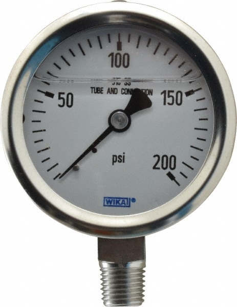 Wika 9833557 Pressure Gauge: 2-1/2" Dial, 0 to 200 psi, 1/4" Thread, NPT, Lower Mount Image