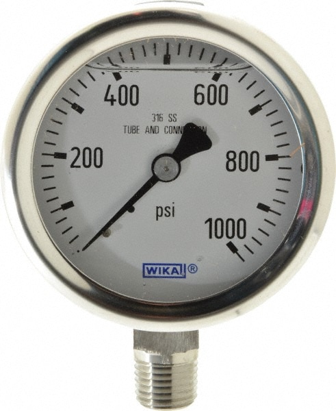 Wika 9833515 Pressure Gauge: 2-1/2" Dial, 0 to 1,000 psi, 1/4" Thread, NPT, Lower Mount Image