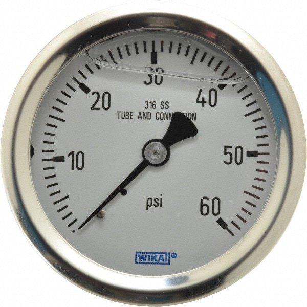 Wika 9833255 Pressure Gauge: 2-1/2" Dial, 0 to 60 psi, 1/4" Thread, NPT, Center Back Mount Image