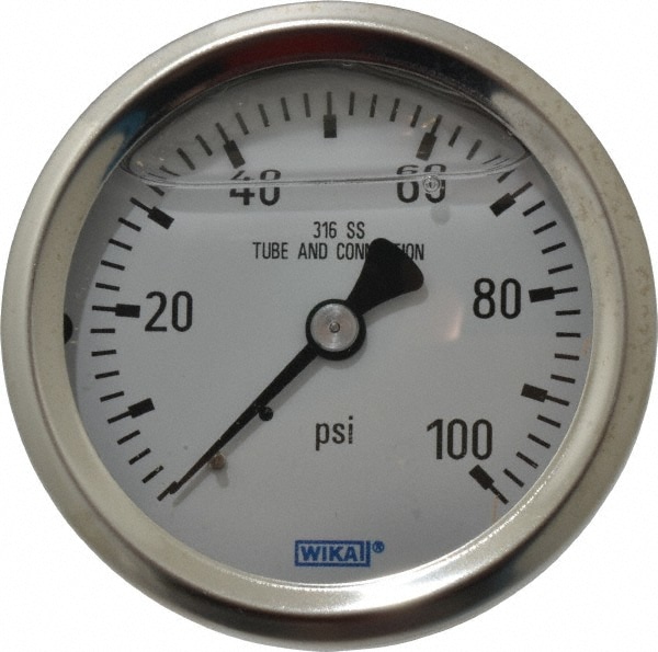 Wika 9833247 Pressure Gauge: 2-1/2" Dial, 0 to 100 psi, 1/4" Thread, NPT, Center Back Mount Image