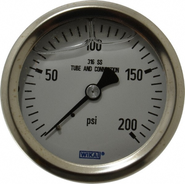 Wika 9833221 Pressure Gauge: 2-1/2" Dial, 0 to 200 psi, 1/4" Thread, NPT, Center Back Mount Image