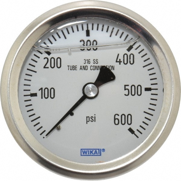 Wika 9833191 Pressure Gauge: 2-1/2" Dial, 0 to 600 psi, 1/4" Thread, NPT, Center Back Mount Image