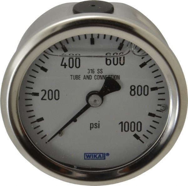 Wika 9833183 Pressure Gauge: 2-1/2" Dial, 0 to 1,000 psi, 1/4" Thread, NPT, Center Back Mount Image