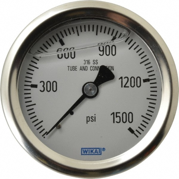 Wika 9833175 Pressure Gauge: 2-1/2" Dial, 0 to 1,500 psi, 1/4" Thread, NPT, Center Back Mount Image