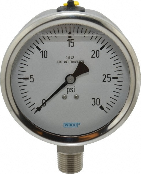 Wika 9833395 Pressure Gauge: 4" Dial, 0 to 30 psi, 1/2" Thread, NPT, Lower Mount Image