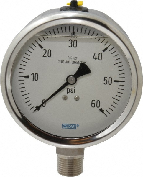 Wika 9833409 Pressure Gauge: 4" Dial, 0 to 60 psi, 1/2" Thread, NPT, Lower Mount Image