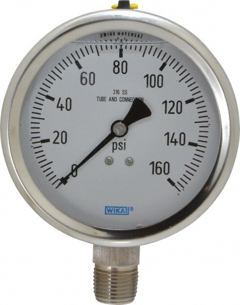 Wika 9833425 Pressure Gauge: 4" Dial, 0 to 160 psi, 1/2" Thread, NPT, Lower Mount Image