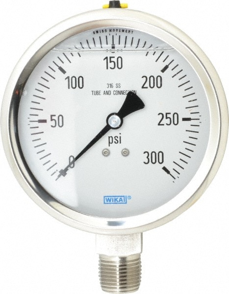 Wika 9833442 Pressure Gauge: 4" Dial, 0 to 300 psi, 1/2" Thread, NPT, Lower Mount Image