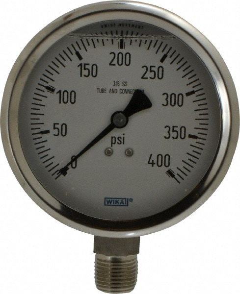 Wika 9833450 Pressure Gauge: 4" Dial, 0 to 400 psi, 1/2" Thread, NPT, Lower Mount Image