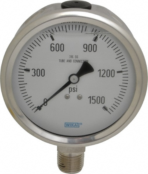 Wika 9833701 Pressure Gauge: 4" Dial, 0 to 1,500 psi, 1/2" Thread, NPT, Lower Mount Image