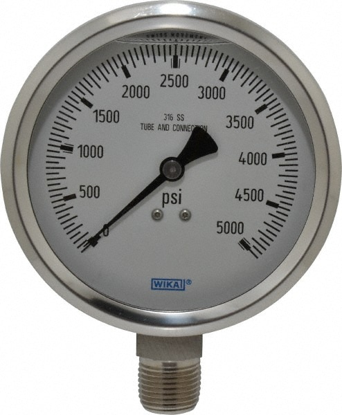 Wika 9833663 Pressure Gauge: 4" Dial, 0 to 5,000 psi, 1/2" Thread, NPT, Lower Mount Image