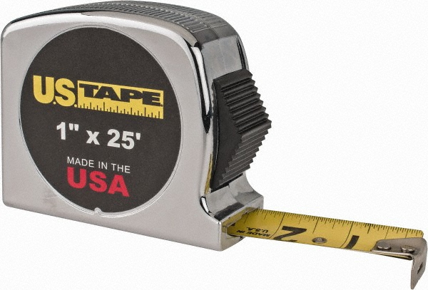 Tape Measure: 25' Long, 1" Width, Yellow Blade - 1/16 & 1/32" Graduation, Inch Graduation, Silver Case