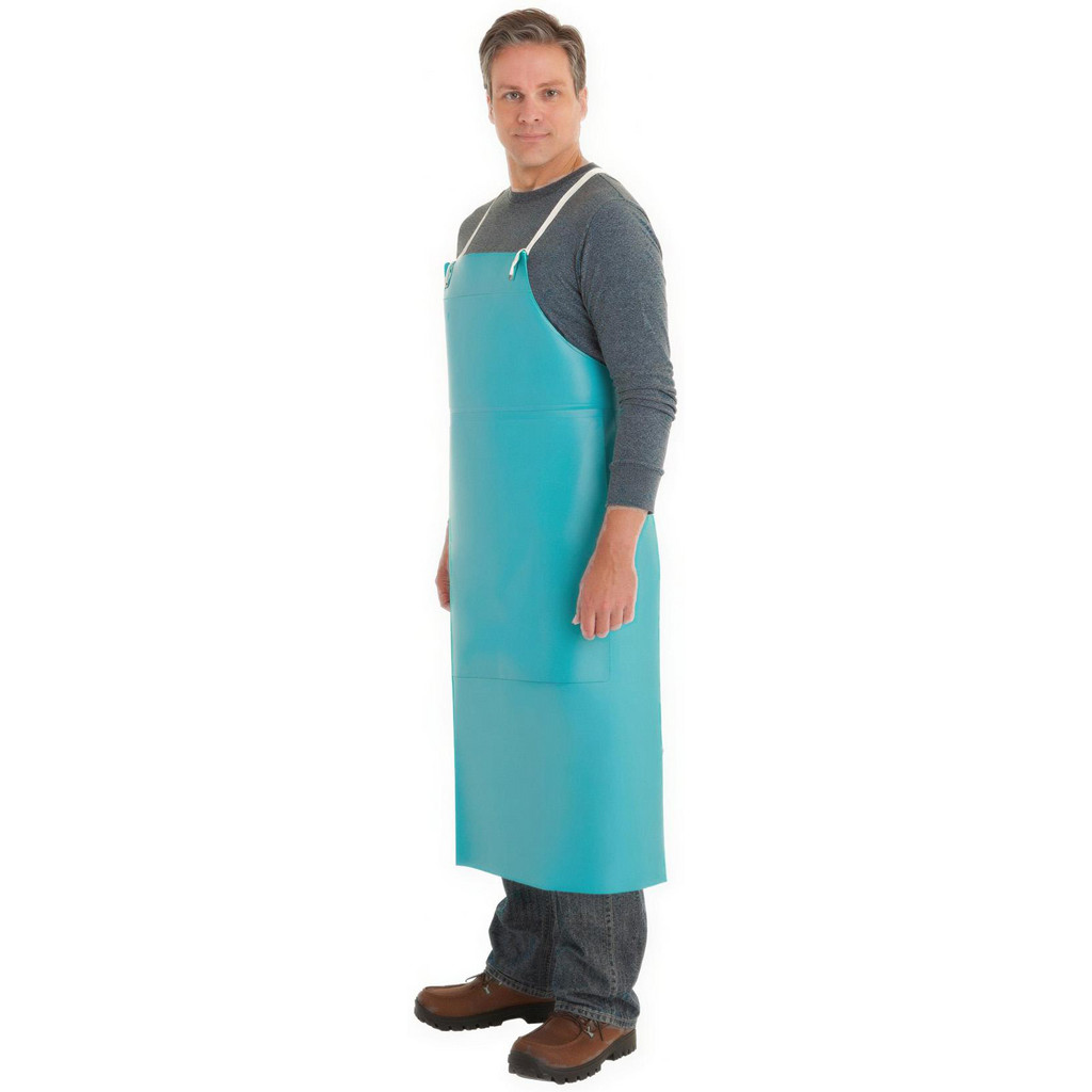 Ansell Chemical Resistant Bib Apron:, 33 x 44", 44.0000" OAL, 18" mil Thick, Green, 18 Mil Die-Cut PVC Material: Resists Chemical Splashes, Punctures