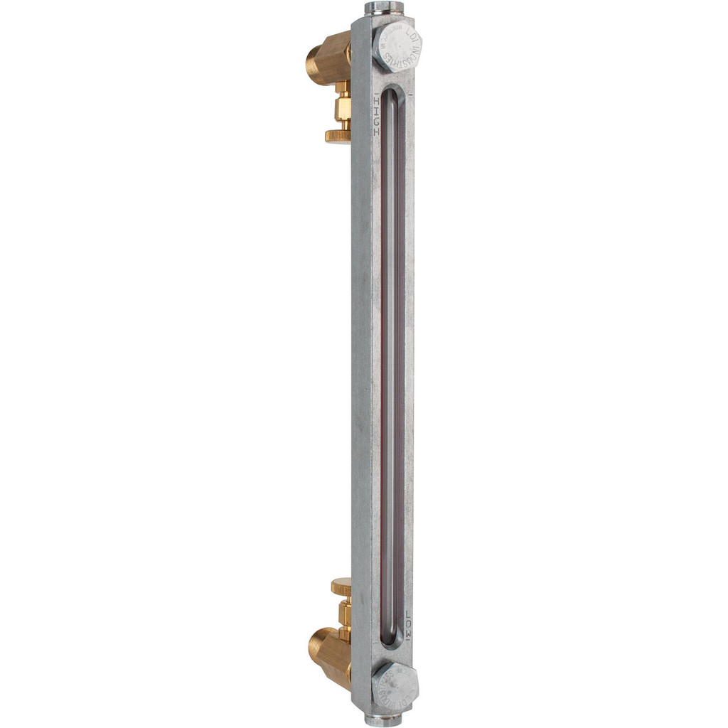 LDI Industries 1/2-14 Thread, 10-1/2 Inch Sight Length, Closed Circuit Liquid Level Sight Gauge w/ Needle Valves, Pipe Adapters - 12 Inch Length to