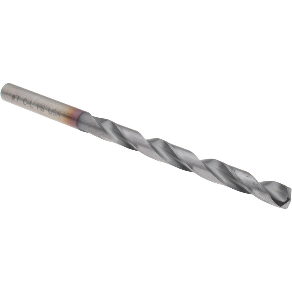 Jobber Length Drill Bit: #7 (0.2010) Dia, 135 deg, HSS - TiCN Finish, 3-5/8" OAL, Right Hand Cut, Regular Spiral Flute, Straight Shank, Series 150ASP-TC