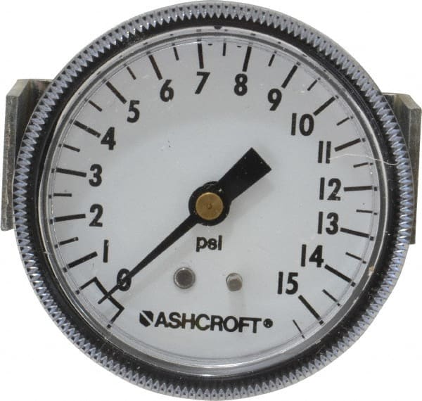 Ashcroft 662876001422 Pressure Gauge: 2-1/2" Dial, 0 to 15 psi, 1/4" Thread, NPT, Center Back Mount 