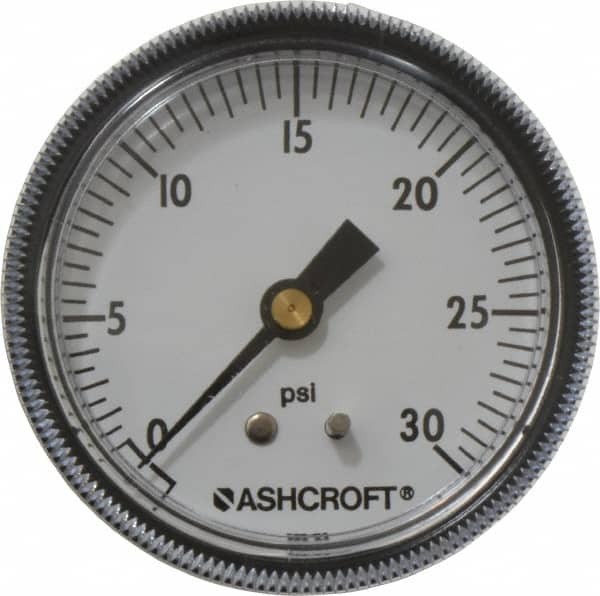 Ashcroft 662876001439 Pressure Gauge: 2-1/2" Dial, 0 to 30 psi, 1/4" Thread, NPT, Center Back Mount 