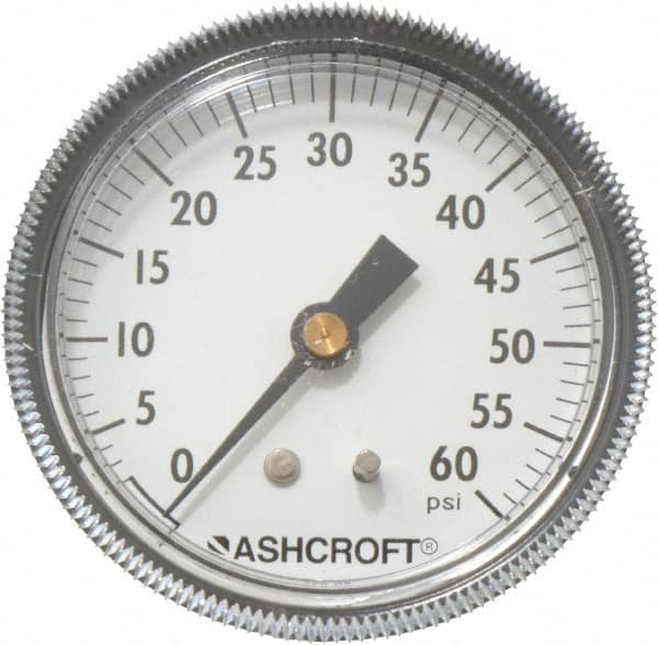 Ashcroft 662876001446 Pressure Gauge: 2-1/2" Dial, 0 to 60 psi, 1/4" Thread, NPT, Center Back Mount 