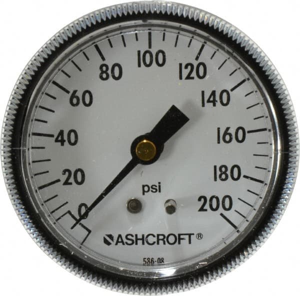 Ashcroft 662876001477 Pressure Gauge: 2-1/2" Dial, 0 to 200 psi, 1/4" Thread, NPT, Center Back Mount 