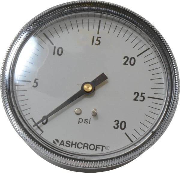 Ashcroft 662876002375 Pressure Gauge: 3-1/2" Dial, 0 to 30 psi, 1/4" Thread, NPT, Center Back Mount 